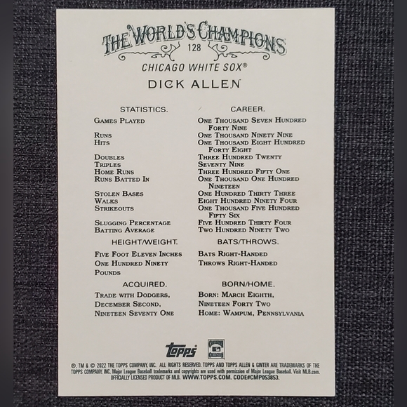 Topps Allen & Ginter The World's Champions Dick Allen Card #128 - Picture 2 of 2
